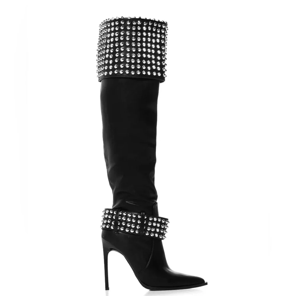 AZALEA WANG Black Vegan Leather & Silver Studded Over the Knee Boots